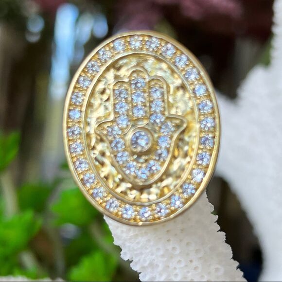 Sheila Fajl 18K Gold CZ Encrusted Hamsa/Evil Eye  Ring Size - Picture 6 of 14